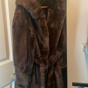 Hooded authentic mink fur coat full length with belt